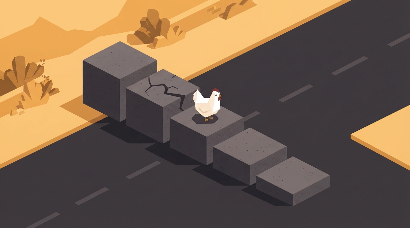 Illustration : une poule traverse une route sur des dalles qui montent comme un escalier ; la dalle fissurée derrière elle représente le piège du tour crash